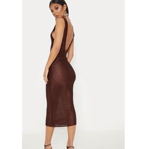 BROWN METALLIC KNIT BODYCON MIDI DRESS